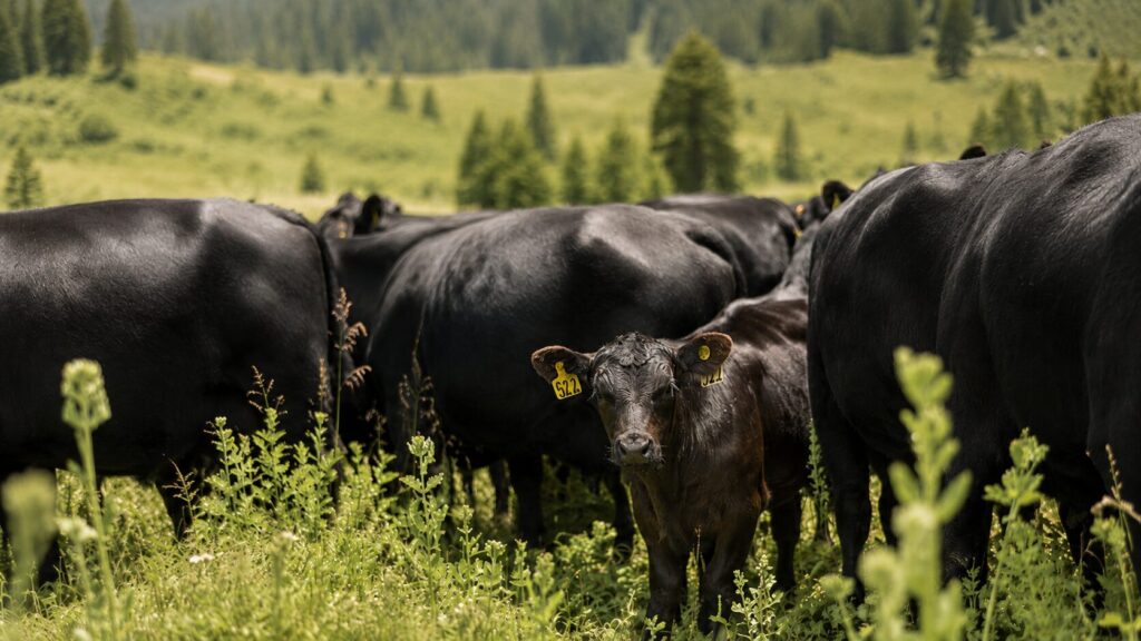 At Mountain High Farms, Black Angus calves are born directly on alpine pasture. Our calving system relies on adapted cows, maternal instinct, clean pasture, early colostrum, careful observation, and professional pasture management from the first breath of life.
