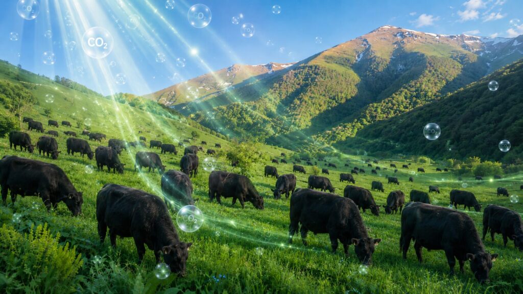Regenerative beef begins with air. Grass pulls CO₂ from the atmosphere, cattle convert living pasture into beef, and carefully managed grazing can return part of that carbon to the soil.